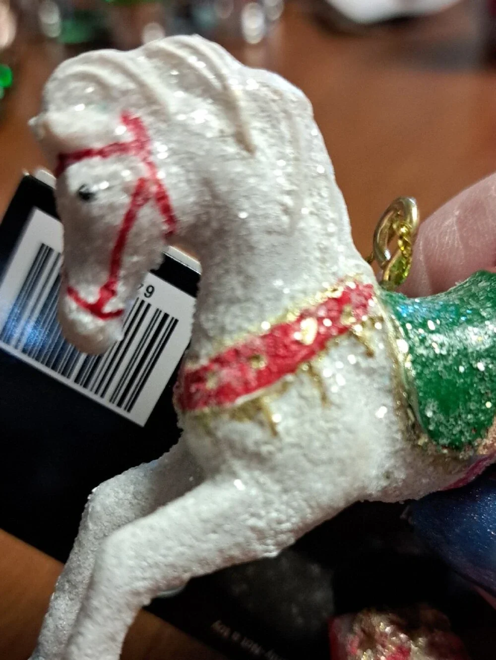 Christmas Sparkling White Rocking Horse Ornament with Red & Green Accents